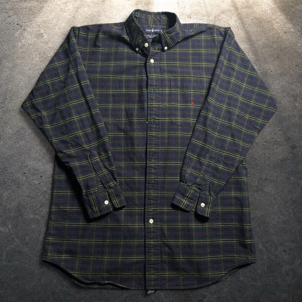 Ralph Lauren Plaid Button Down Shirt Green Navy Blue Vintage XL